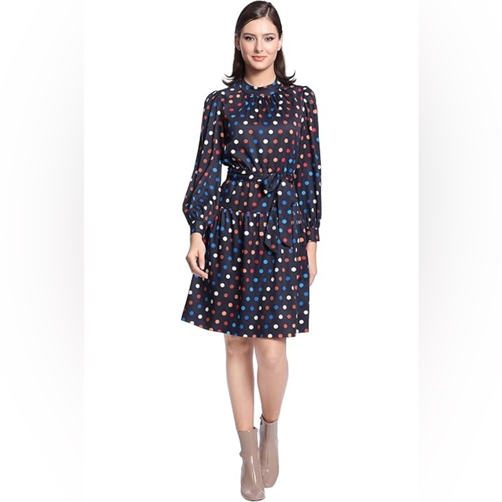 Maggy London Women's Long Sleeve Back Cut Out Mini Dress 8 Pockets polka Dot